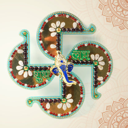 Golden Swastik Shubh Labh wall hanging with Ganesh idol, decorative home decor piece by Wukusy featuring traditional Indian symbolism.