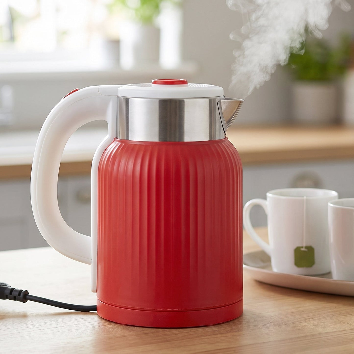 Red Wukusy electric kettle, 2-liter capacity, 1500W, perfect for tea, coffee, and hot water.