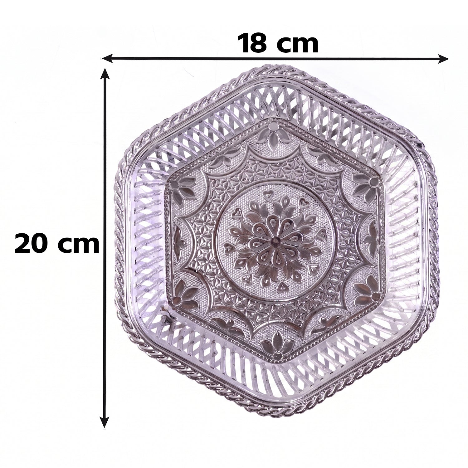 Silver decorative serving tray with traditional embossed floral design by Wukusy, featuring intricate floral patterns on a polished surface.