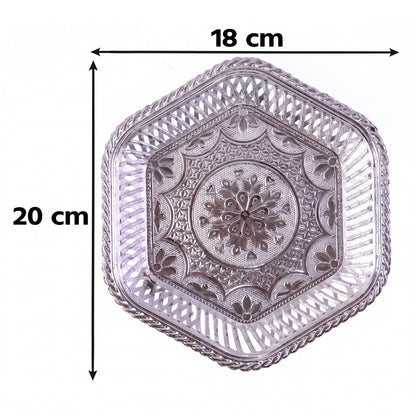 Silver decorative serving tray with traditional embossed floral design by Wukusy, featuring intricate floral patterns on a polished surface.