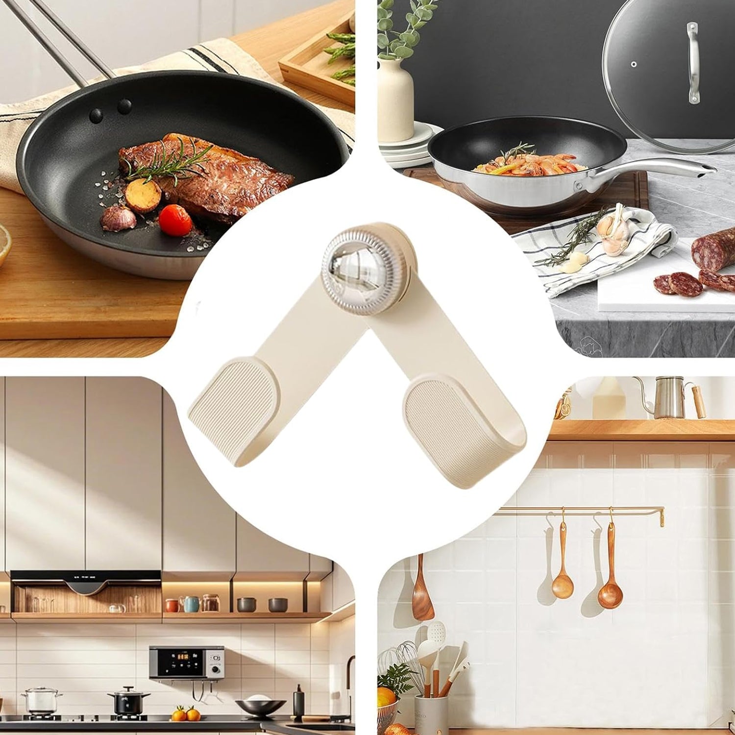 Wukusy adjustable kitchen pot lid holder clip holding pot lids on a countertop for organized cooking space