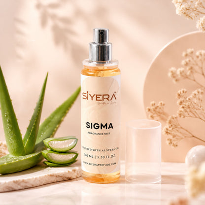Wukusy Sigma Fragrance Mist Body Spray with Aloe Vera Gel, 100ml bottle, showing the spray nozzle and product label.