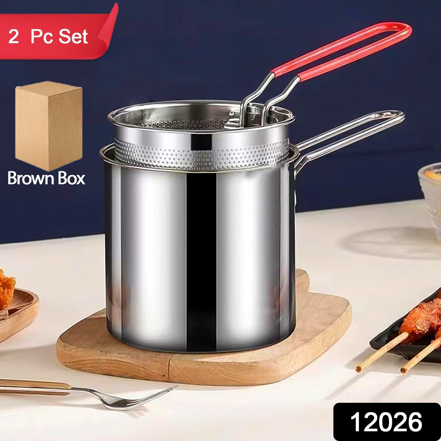 Wukusy small deep frying pot with strainer basket set, stainless steel, compact kitchen cookware for frying and draining food.