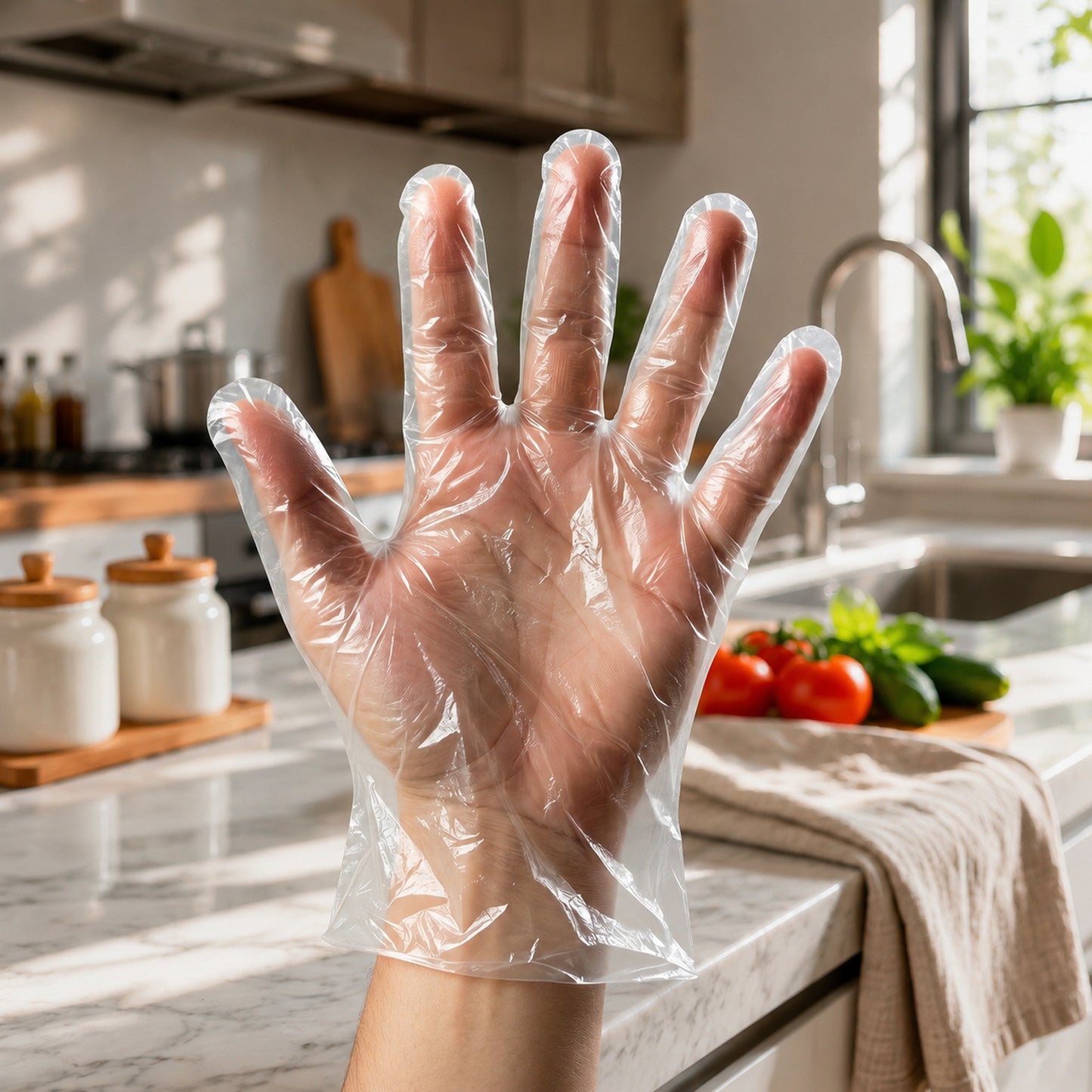 Pair of Wukusy disposable small plastic gloves for kitchen food handling and cleaning tasks, shown in a close-up image.