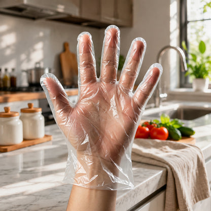 Pair of Wukusy disposable small plastic gloves for kitchen food handling and cleaning tasks, shown in a close-up image.