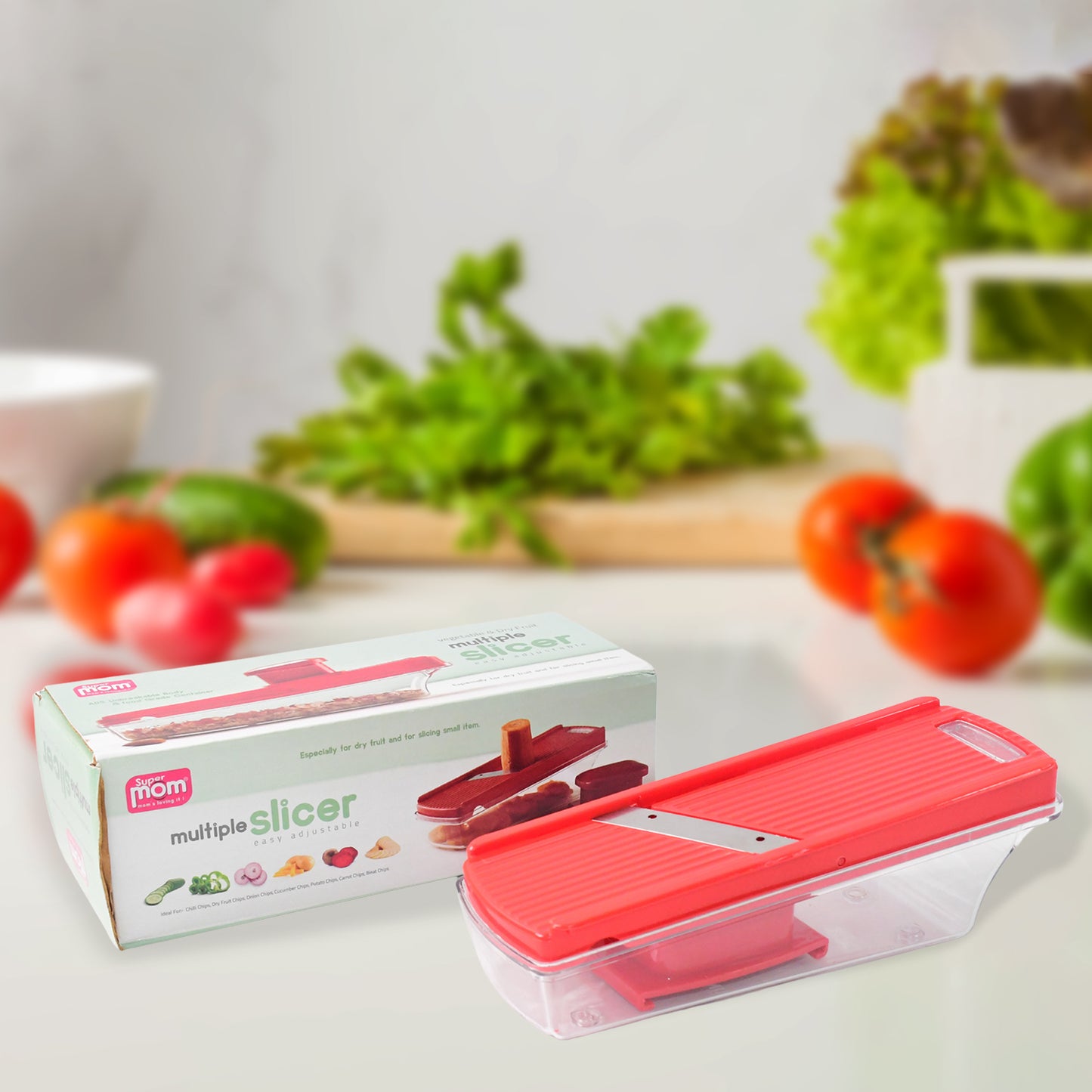 Wukusy Supermom vegetable and dry fruit multiple slicer with stainless steel blades on a kitchen countertop.