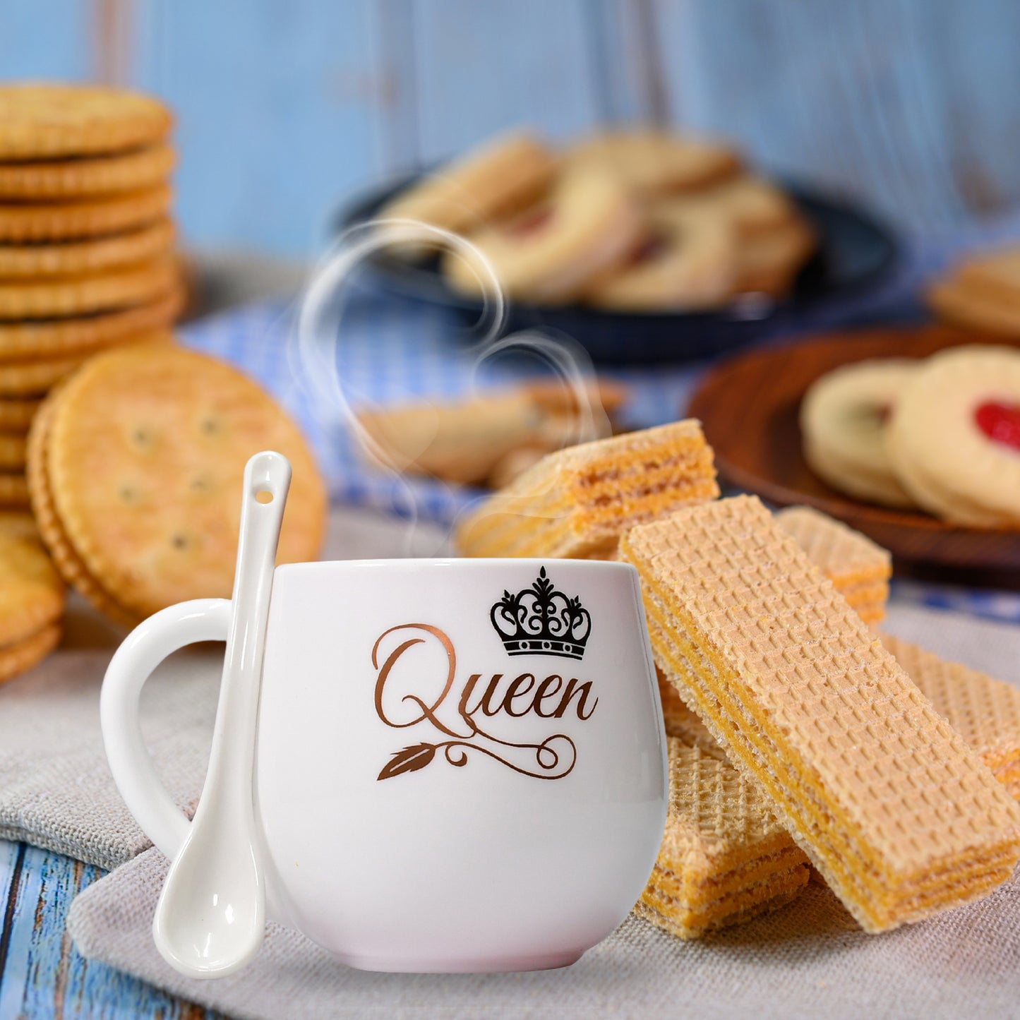 Wukusy 4975 ceramic coffee mug with multi-design pattern, spoon, and box packaging, microwave safe, ideal for tea or coffee gifting.