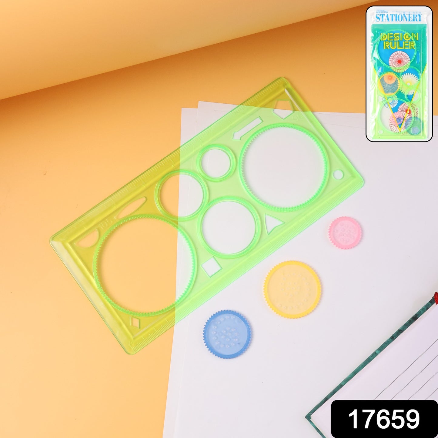 Wukusy Design Ruler Spirograph Geometry Stencil Set for office use, featuring various circular and geometric stencils for precise drawing