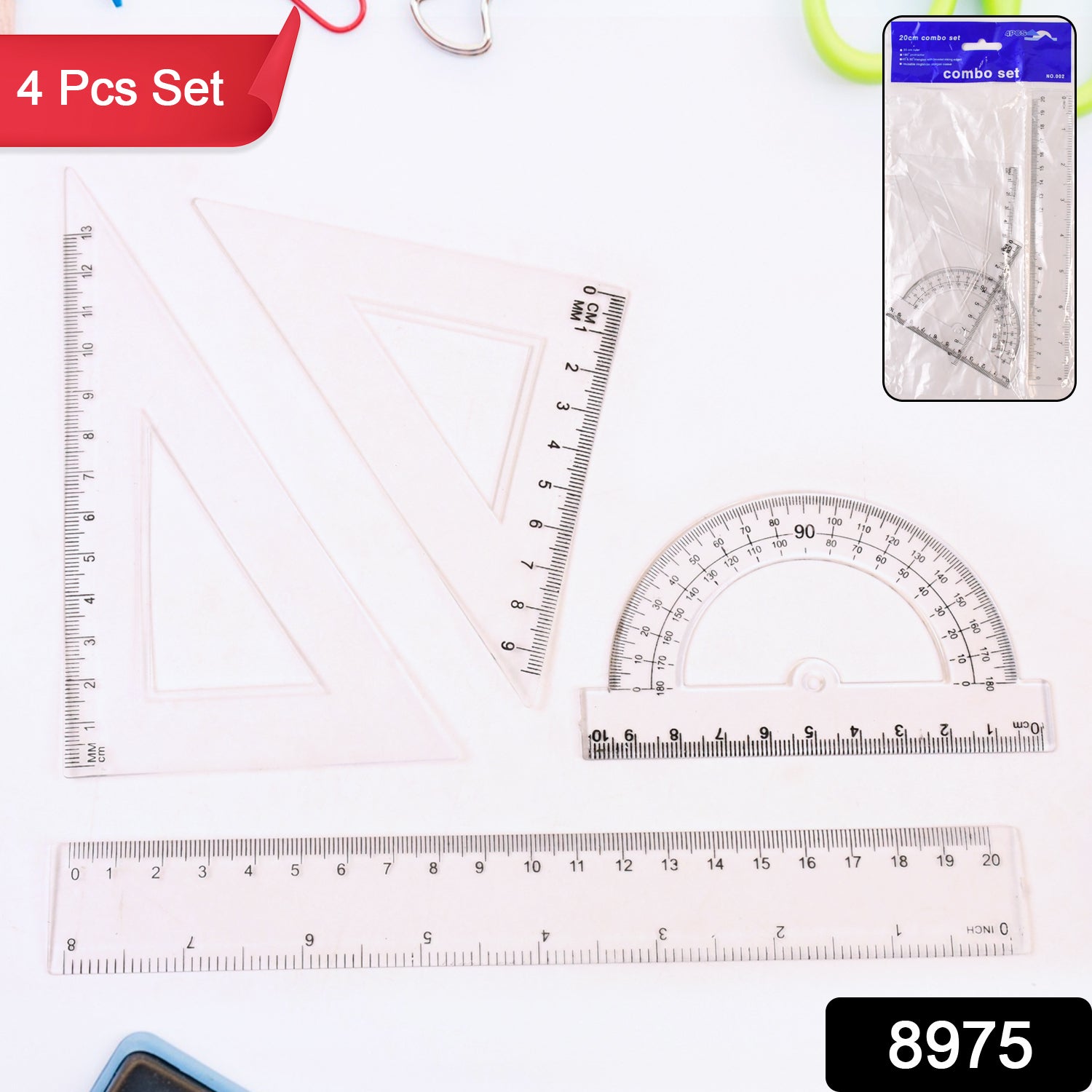 Wukusy plastic geometry set with triangle ruler, protractor, and straight rulers for office and educational use.