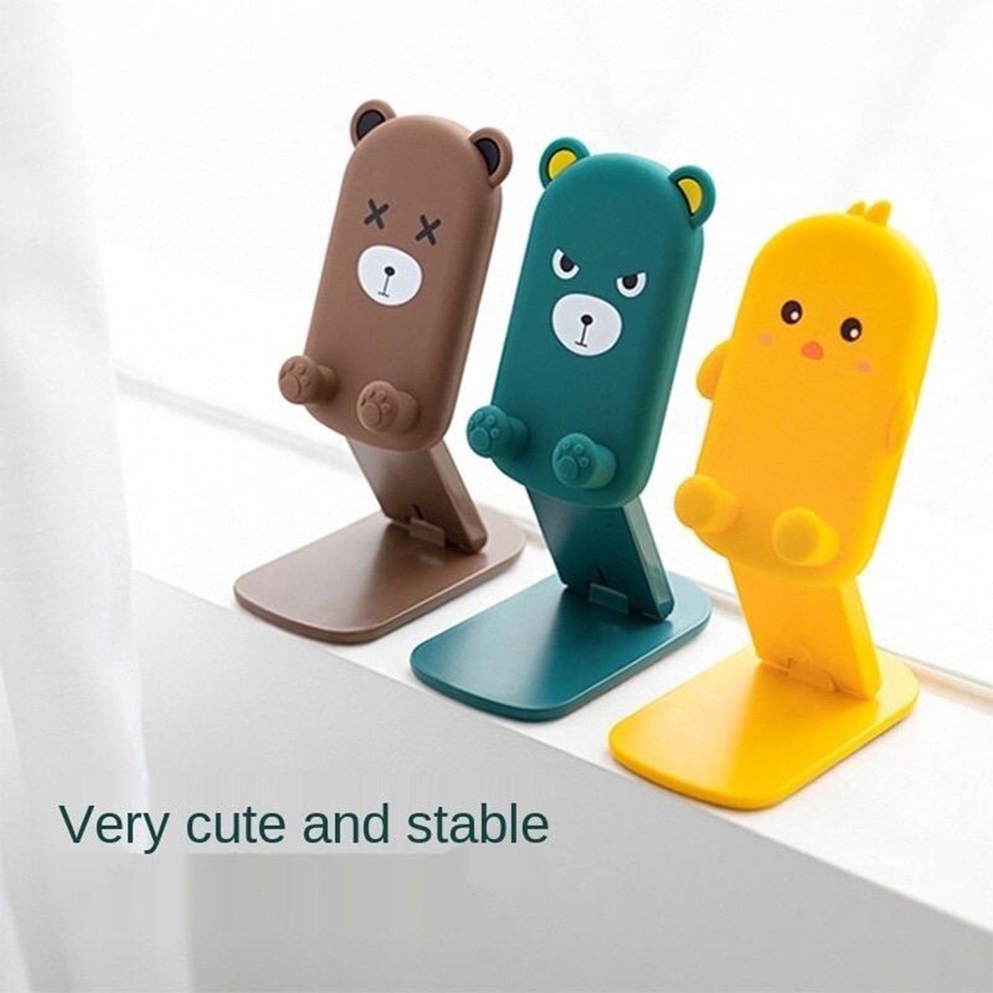 Wukusy cartoon design adjustable foldable mobile stand with multi-angle support for smartphones, shown from multiple angles.