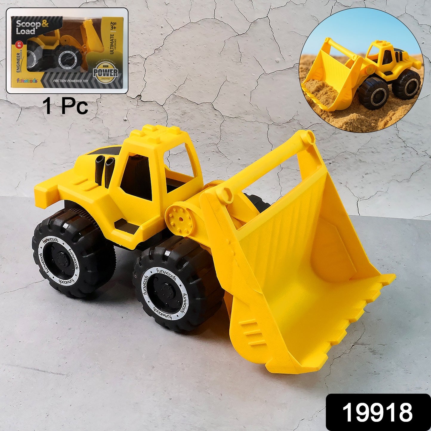 Wukusy Funwoods friction-powered front loader bulldozer toy with realistic details and colorful design for children to play with.