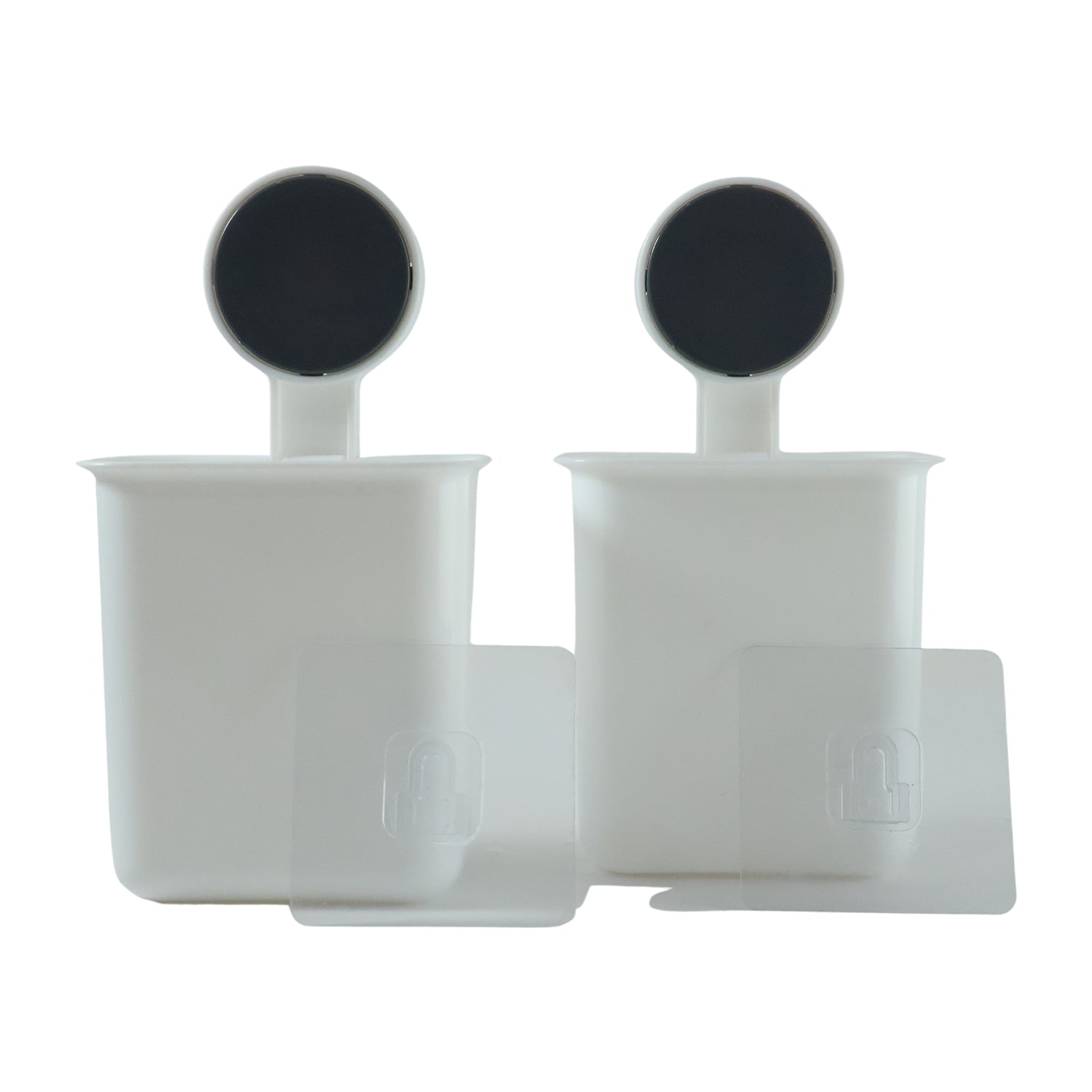 Two Wukusy wall-mounted plastic toothbrush holders with adhesive backing for easy installation, shown attached to bathroom wall.