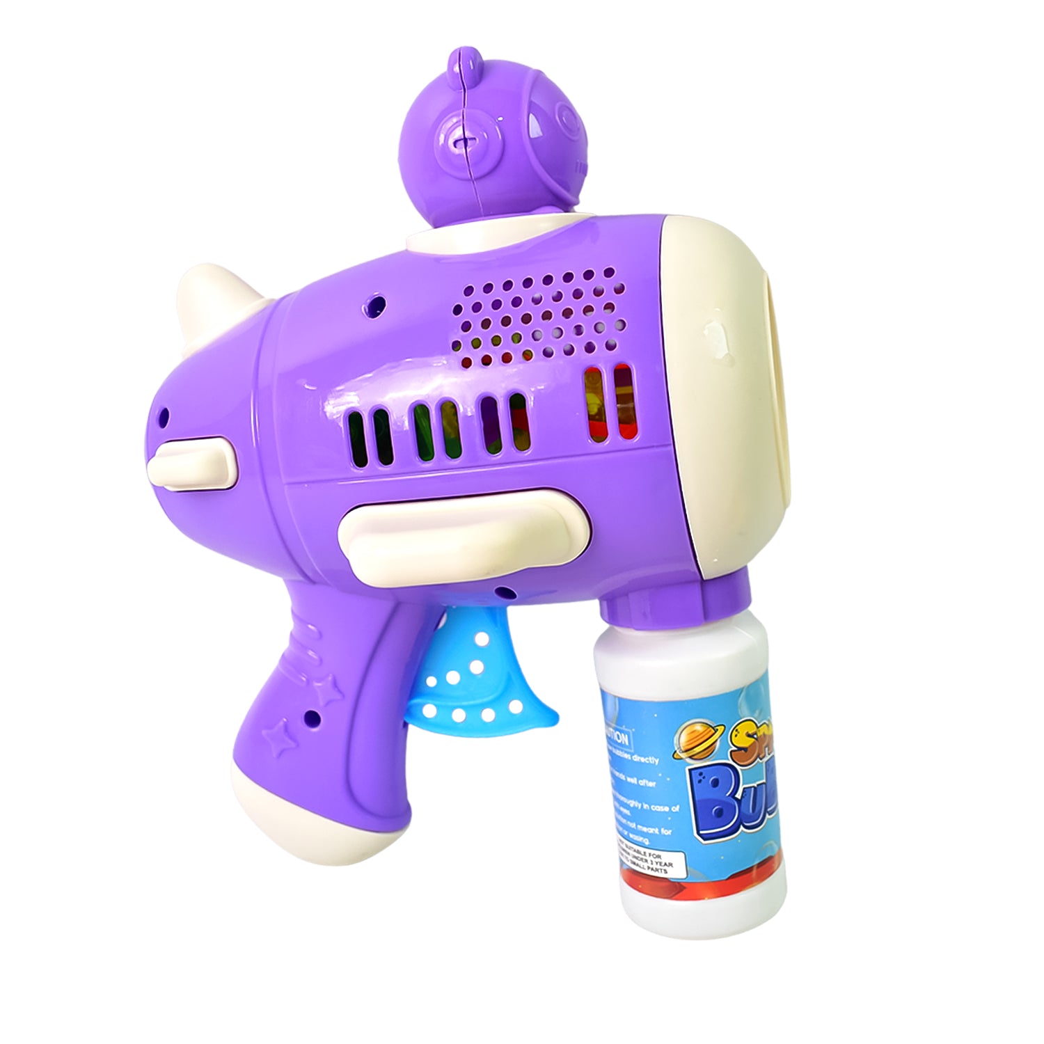 Wukusy space bubble gun toy for kids with solution, colorful bubble gun with rotating nozzles and bubbles in mid-air.