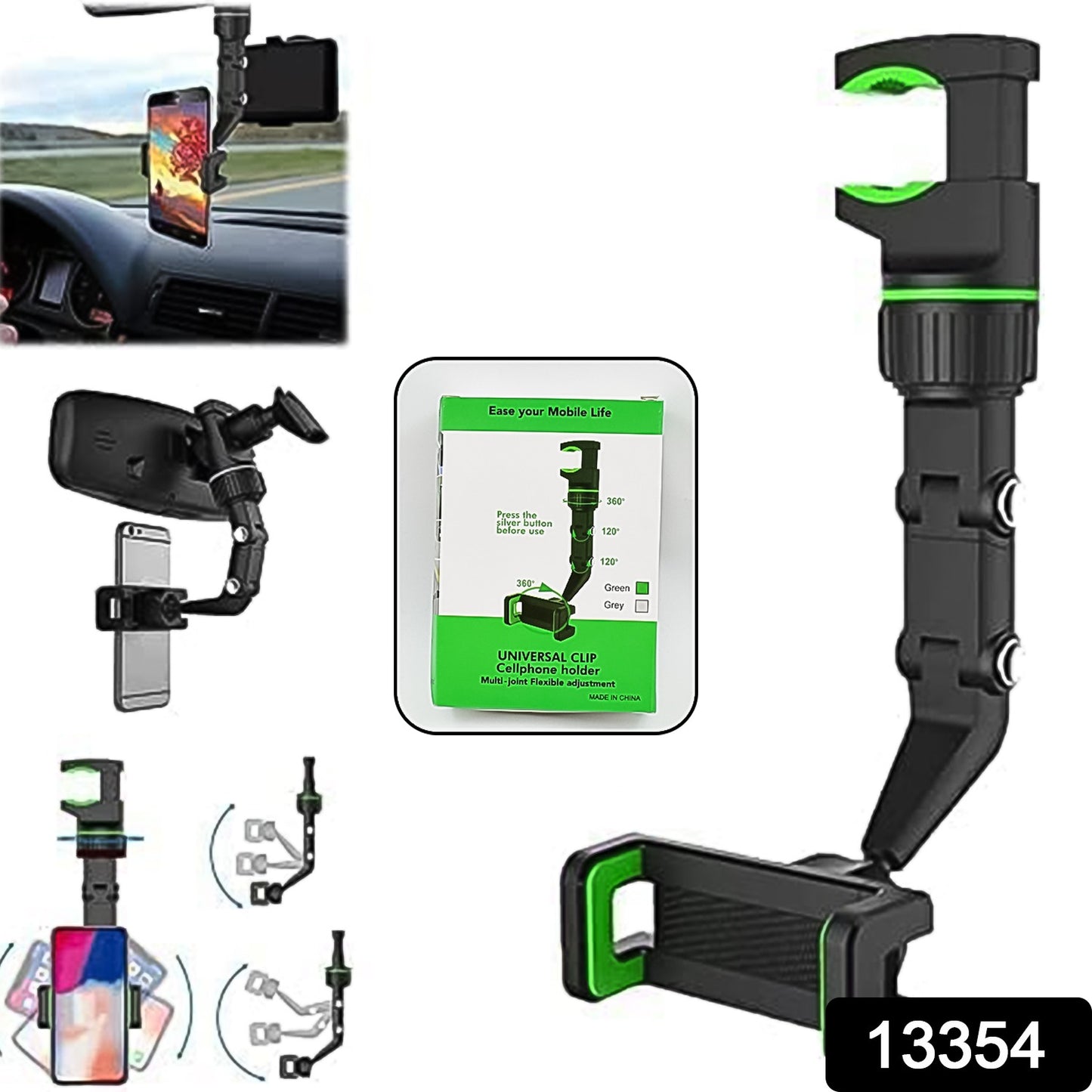 Wukusy multifunctional car rear view 360 rotatable mobile holder mounted on dashboard, holding a smartphone for easy access.