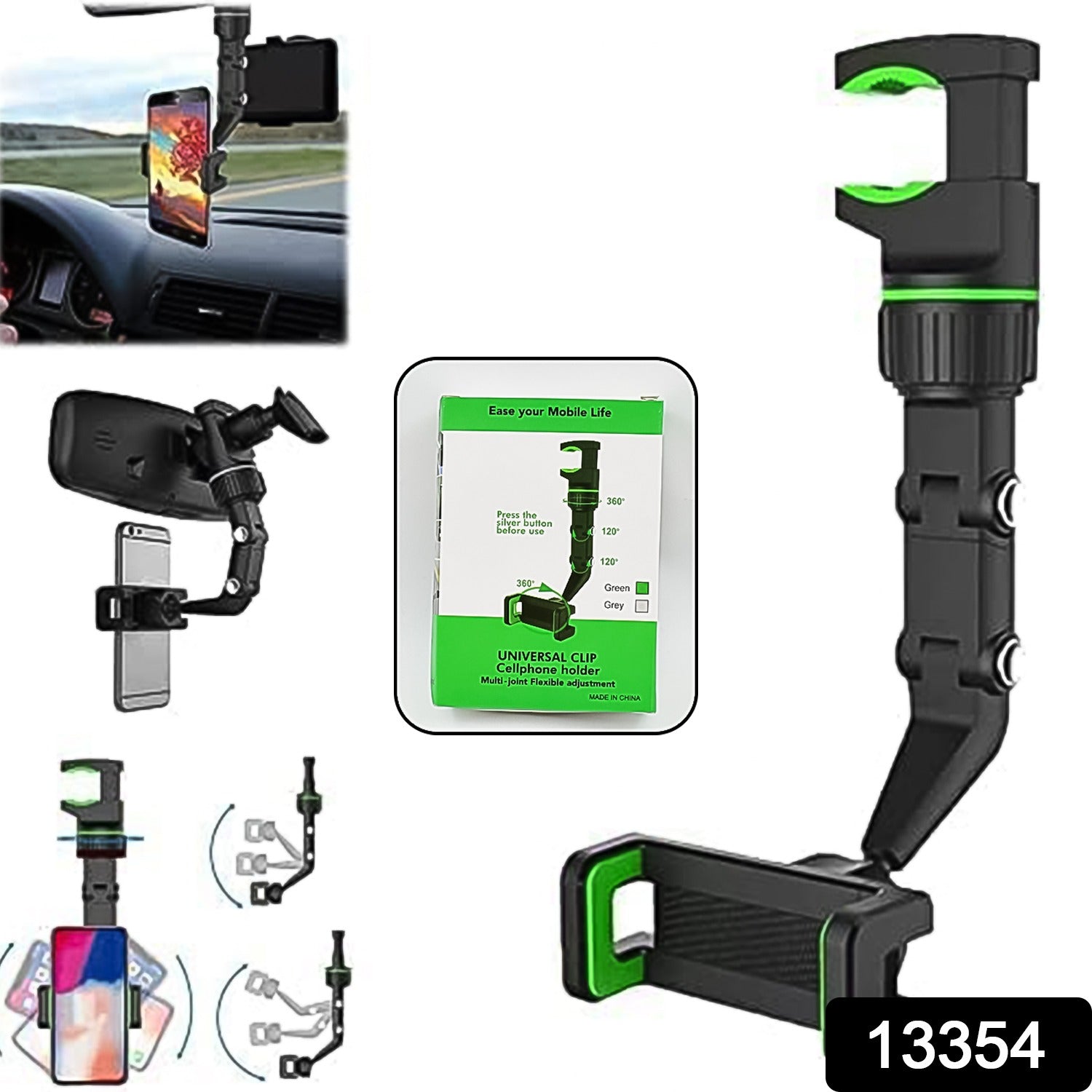 Wukusy multifunctional car rear view 360 rotatable mobile holder mounted on dashboard, holding a smartphone for easy access.