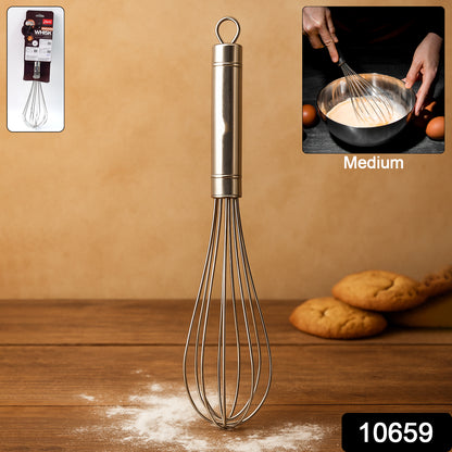 Wukusy Apex stainless steel medium hand whisk for cooking and baking, with a shiny metal handle and flexible wire loops.