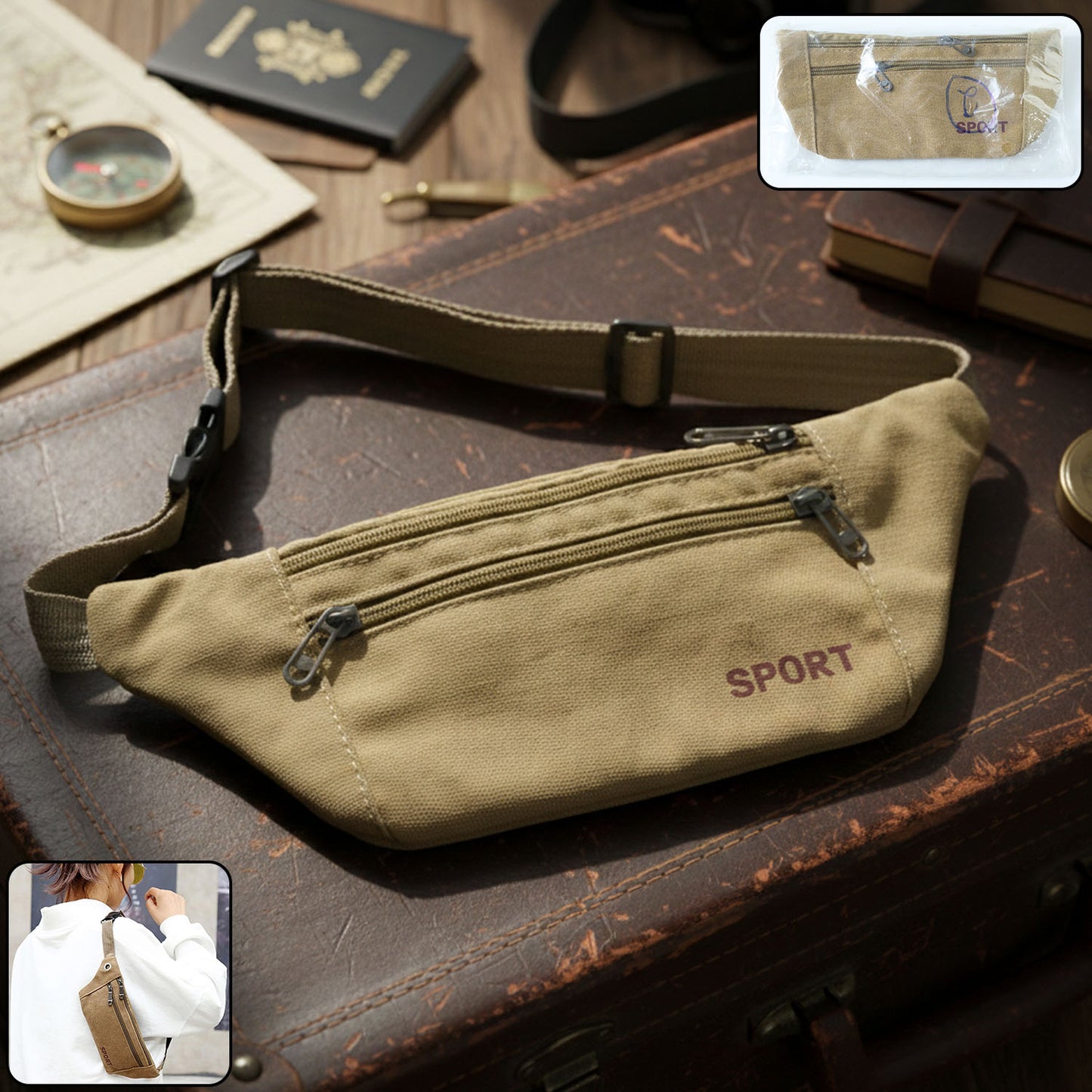 Wukusy multipurpose canvas waist pouch sling bag with adjustable strap and multiple compartments for everyday use