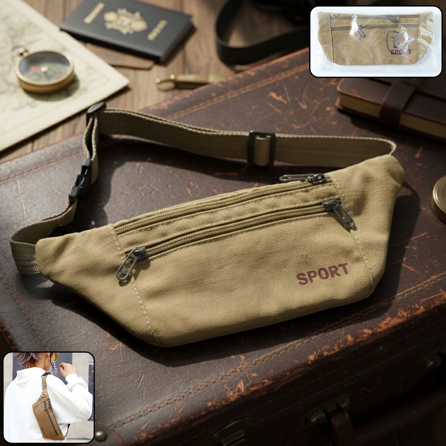 Wukusy multipurpose canvas waist pouch sling bag with adjustable strap and multiple compartments for everyday use