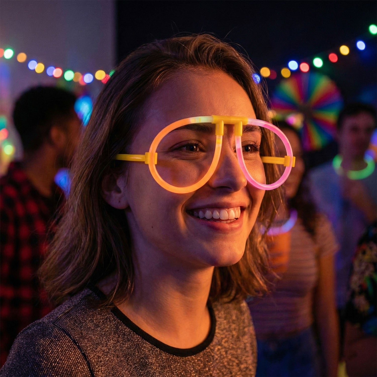 Wukusy Glow Party Glasses with vibrant neon colors, designed for fun celebrations and nighttime events.