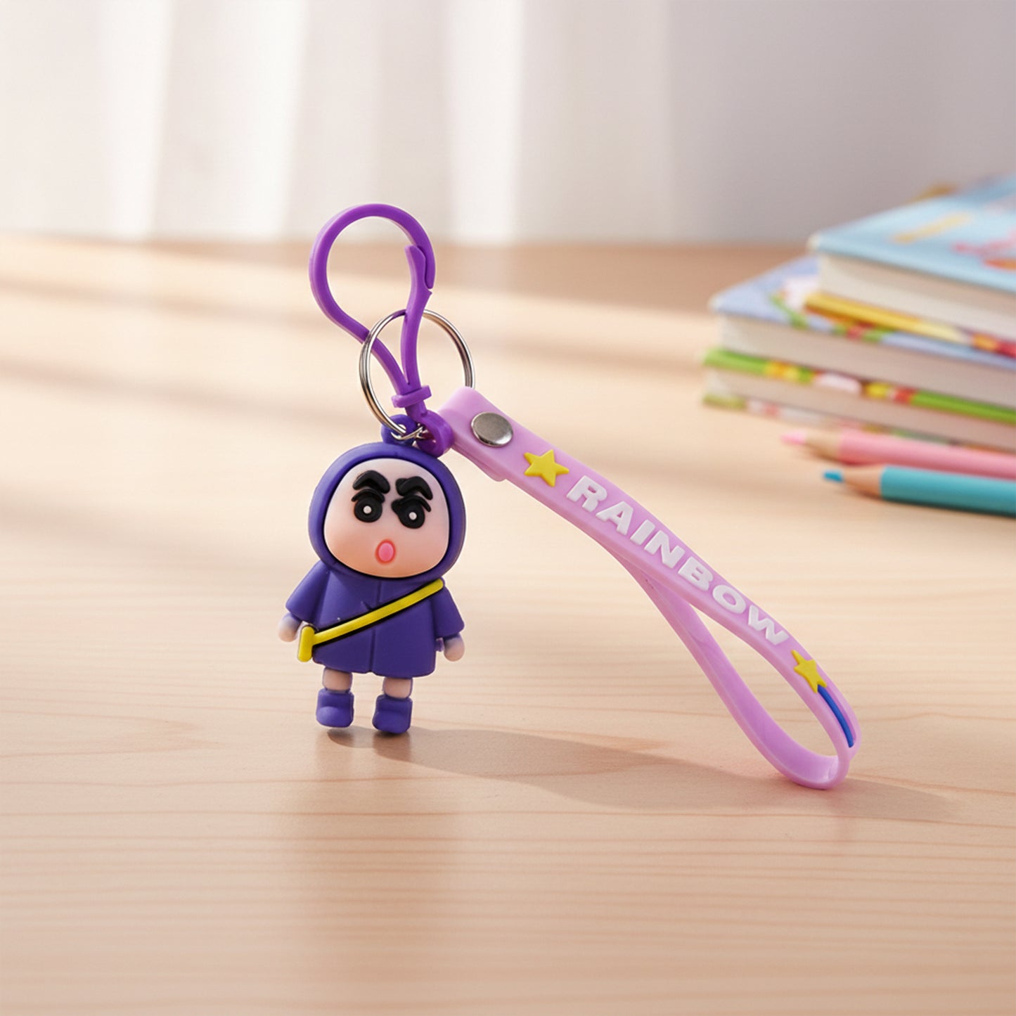 Cute cartoon character silicone keychain by Wukusy, featuring a colorful and playful design on a durable keyring.