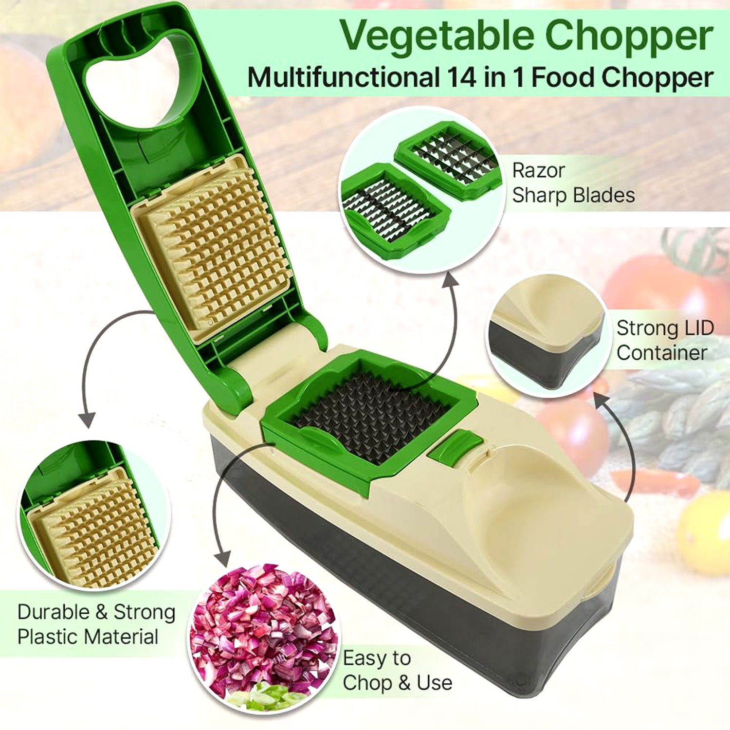 Wukusy Supermom Quick Nicer Dicer multipurpose vegetable and fruit chopper with stainless steel blades and compact design.