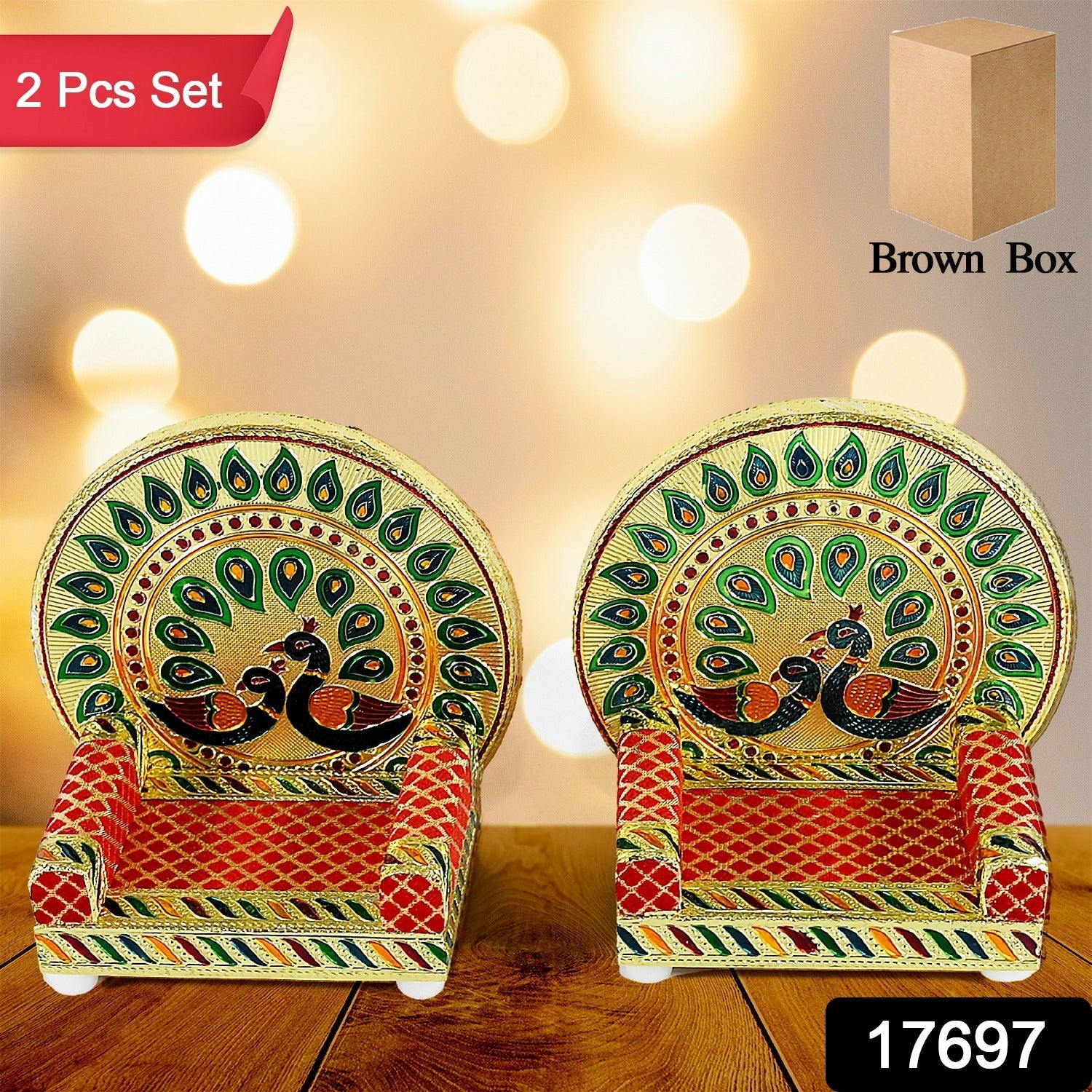 Wukusy Meenakari Work Laddu Gopal Singhasan set with wooden Krishna sofa for Pooja mandir, home decor, and religious altar displays.