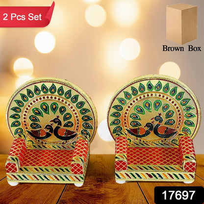 Decorative wooden Meenakari Laddu Gopal Singhasan set for Krishna idols, ideal for pooja mandir or home décor, premium look.