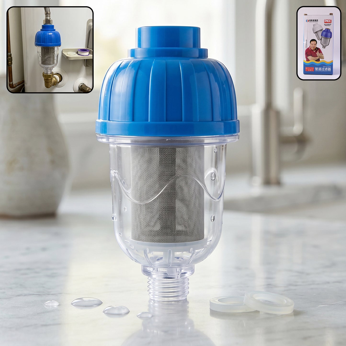 Wukusy hard water shower filter with multi-layer purification system, installed on a bathroom shower head for clean water.