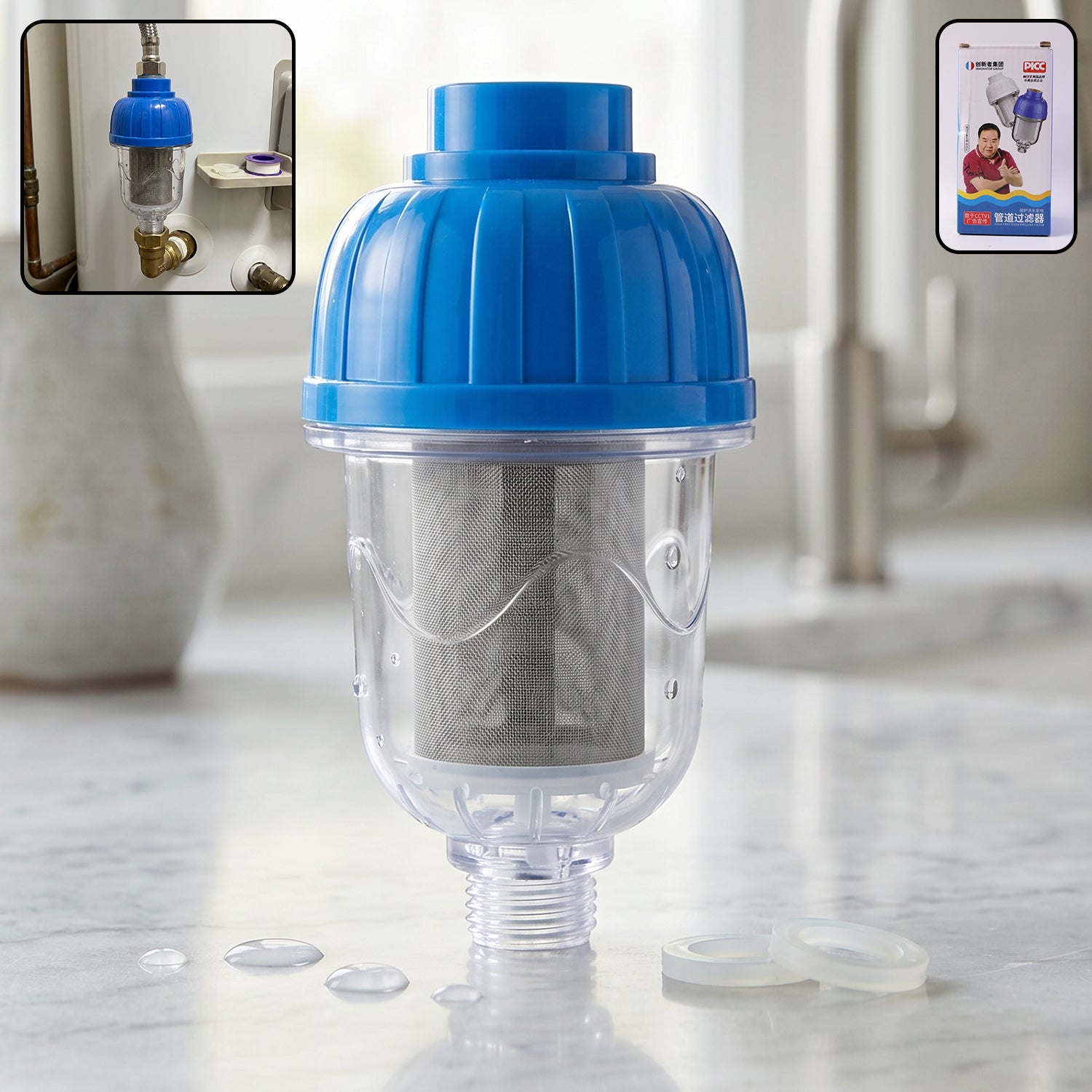 Wukusy hard water shower filter with multi-layer purification system, installed on a bathroom shower head for clean water.