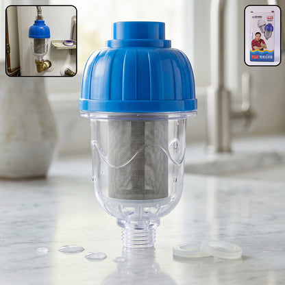 Wukusy hard water shower filter with multi-layer purification system, installed on a bathroom shower head for clean water.