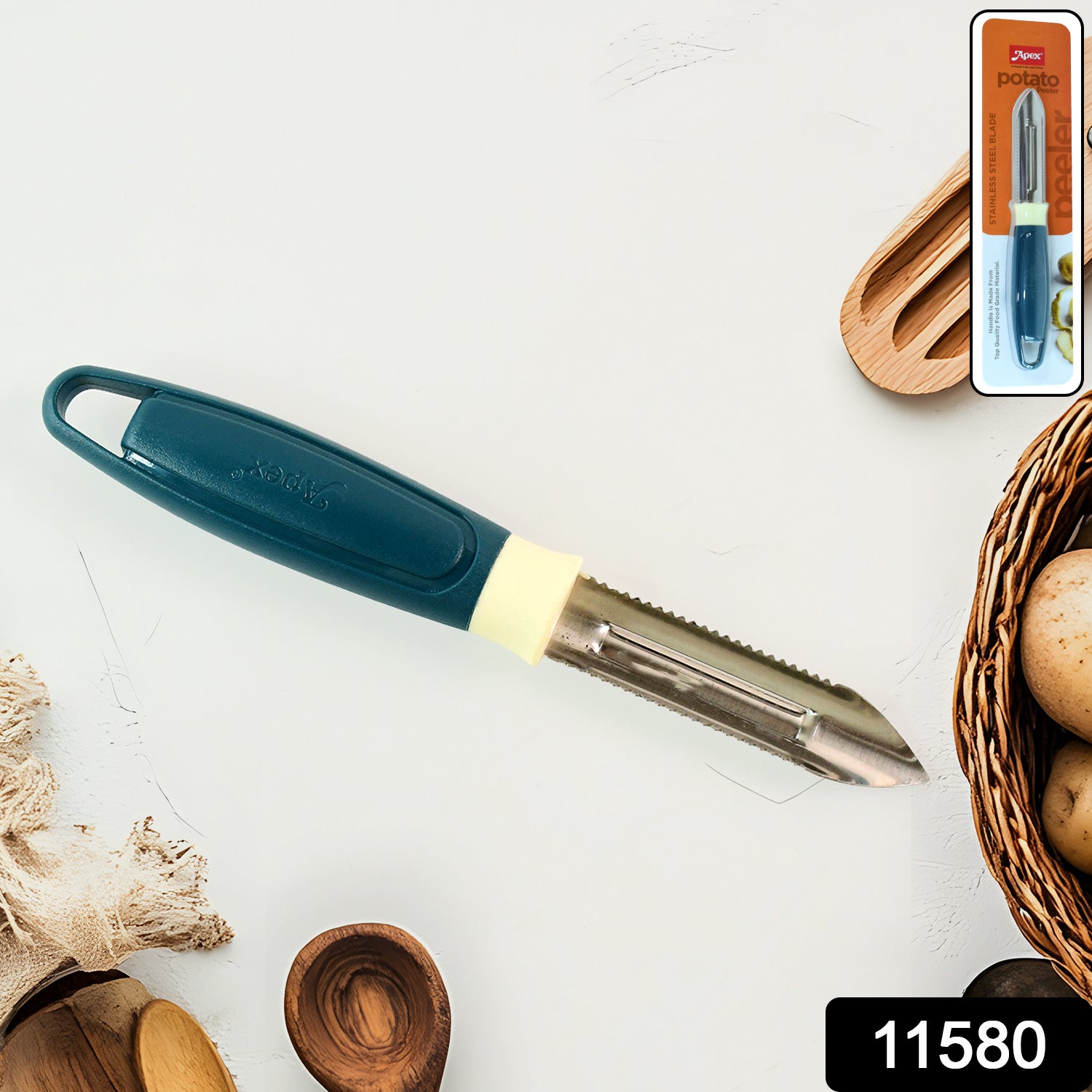 Wukusy Apex stainless steel potato peeler with ergonomic handle and sharp blade for efficient peeling of potatoes.