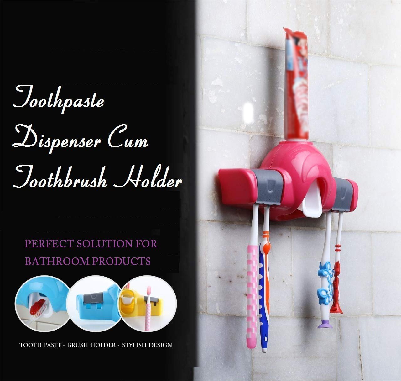Wukusy 2139 Automatic Push Toothpaste Squeezer Dispenser for home, showing the dispenser mounted on bathroom wall with toothpaste tube.