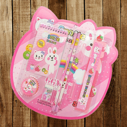 Wukusy 8-in-1 kids stationery gift set with pencils, ruler, rubber, sharpener, and pencil cover on a white background.