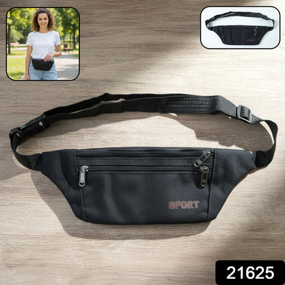 Black sports waist bag by Wukusy with adjustable strap, front zipper pocket, and compact design for active use.