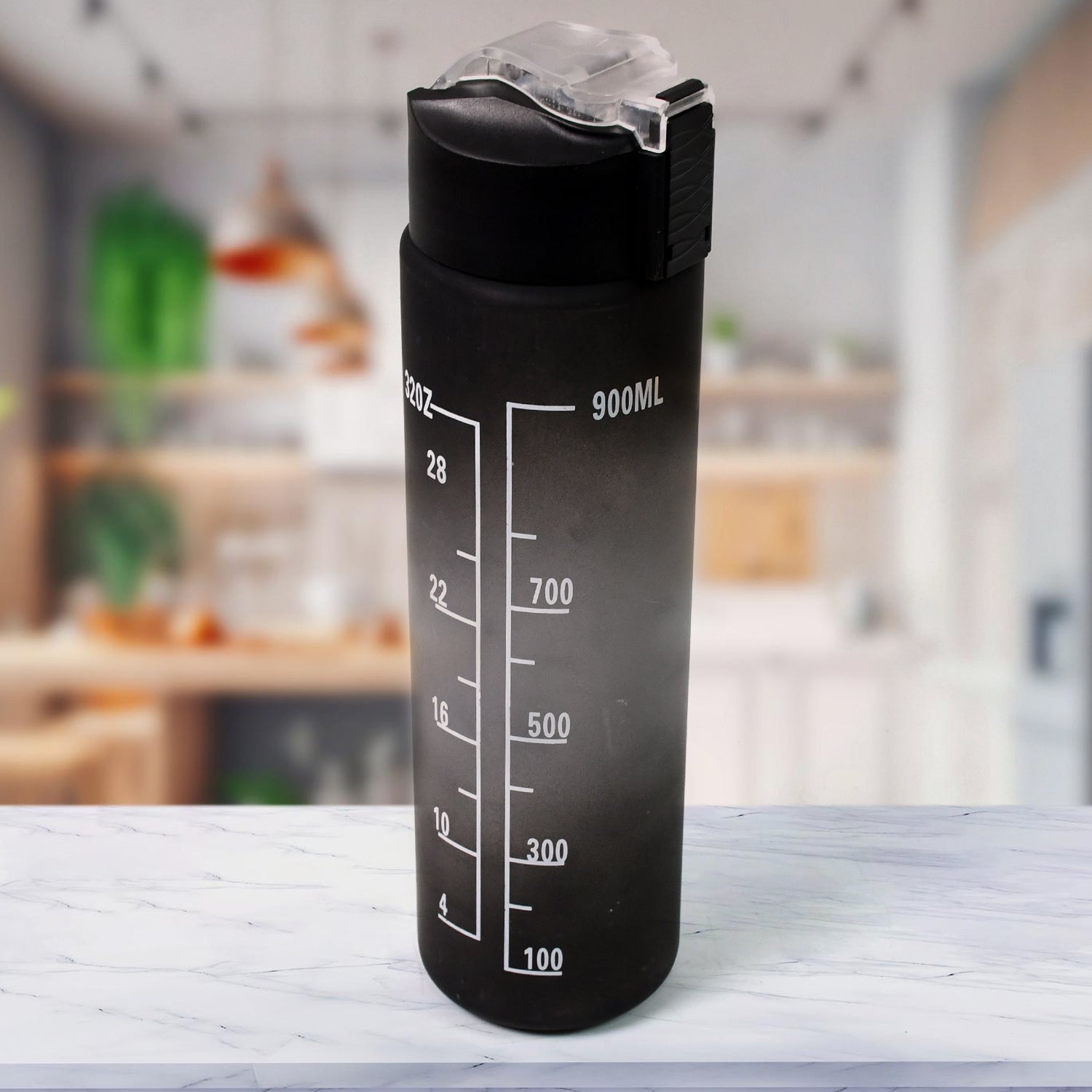 Black plastic Wukusy motivational water bottle with a straw, 900ml capacity, featuring a sleek design and ergonomic shape