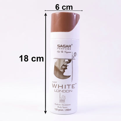 Wukusy Sagar Just White London perfume body spray deodorant for men, 200ml bottle, with clean white design and masculine scent.