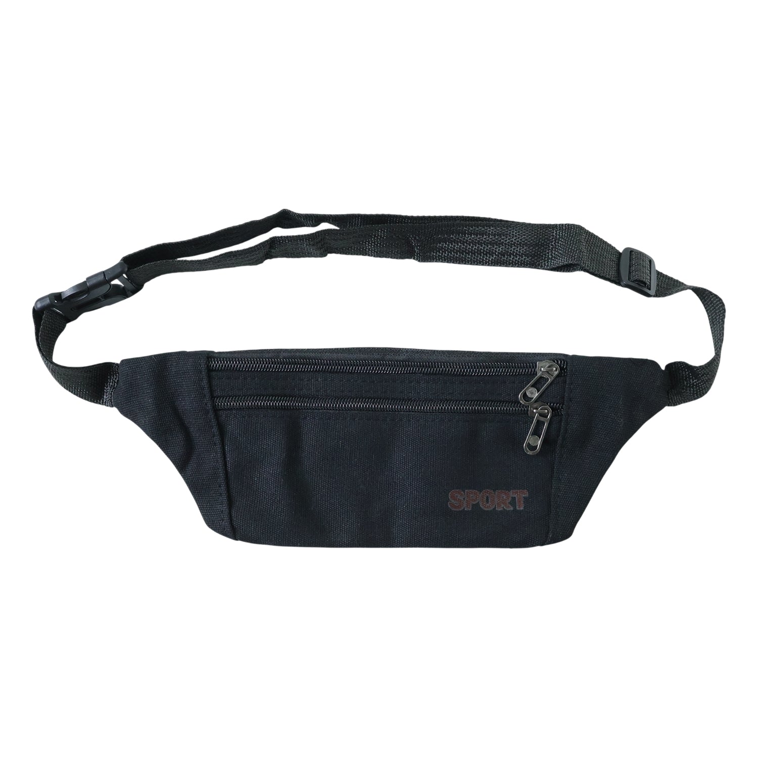 Black sports waist bag from Wukusy with adjustable strap and zippered pocket, made of durable PU material.