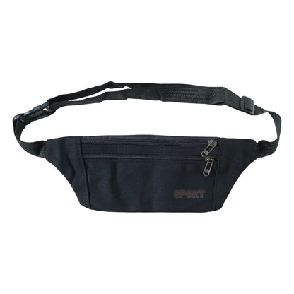 Black sports waist bag from Wukusy with adjustable strap and zippered pocket, made of durable PU material.