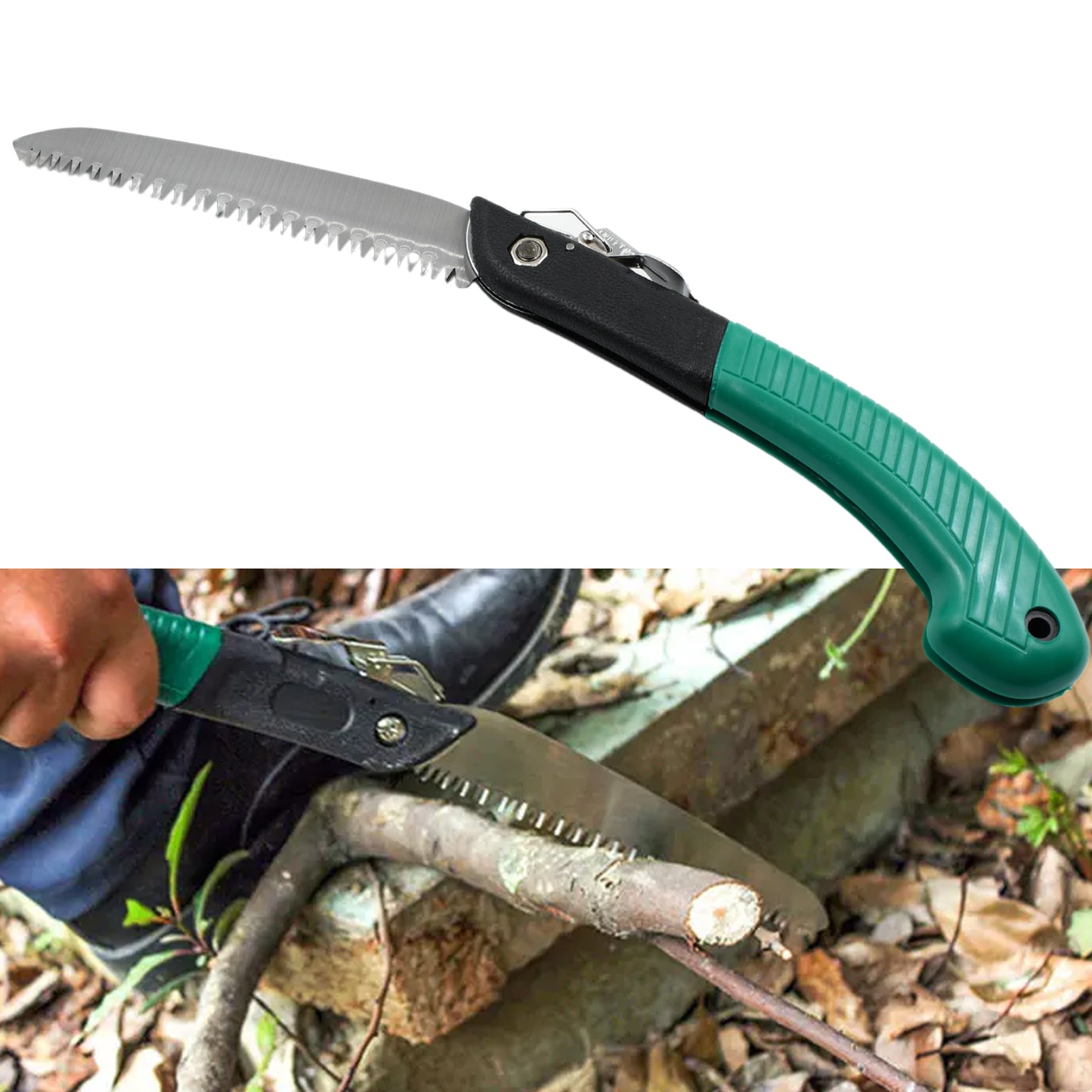 Wukusy 1793 folding handsaw for pruning and gardening, showing the saw cutting wood with a sturdy handle and blade.
