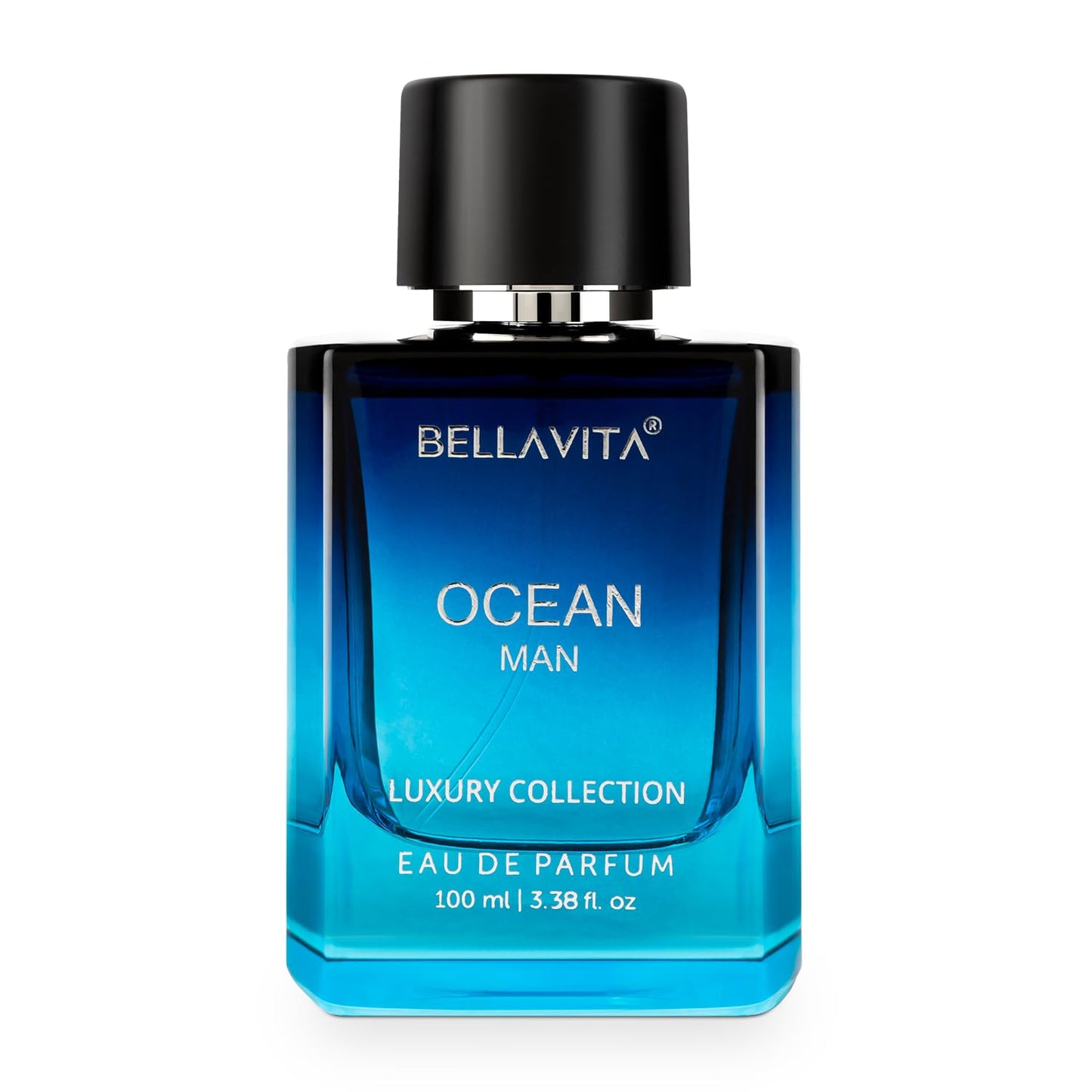 Bellavita Premium Ocean Man Eau De Perfume bottle by Wukusy, featuring a sleek 100ml design with a blue and silver finish.