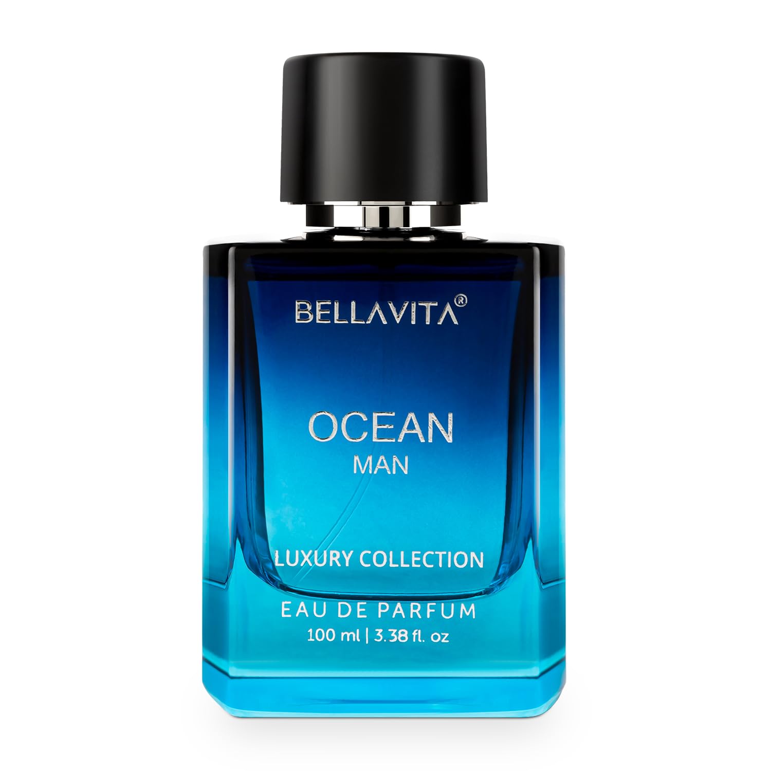 Bellavita Premium Ocean Man Eau De Perfume bottle by Wukusy, featuring a sleek 100ml design with a blue and silver finish.