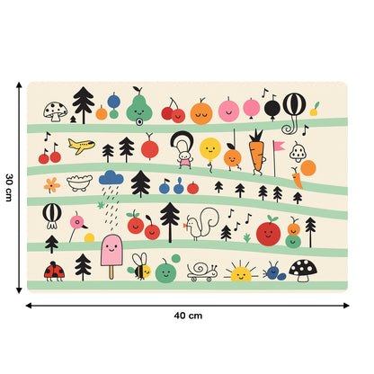 Colorful cartoon printed dining table placemats for kids, set of 4, 40x30 cm, Wukusy home and kitchen table accessories.