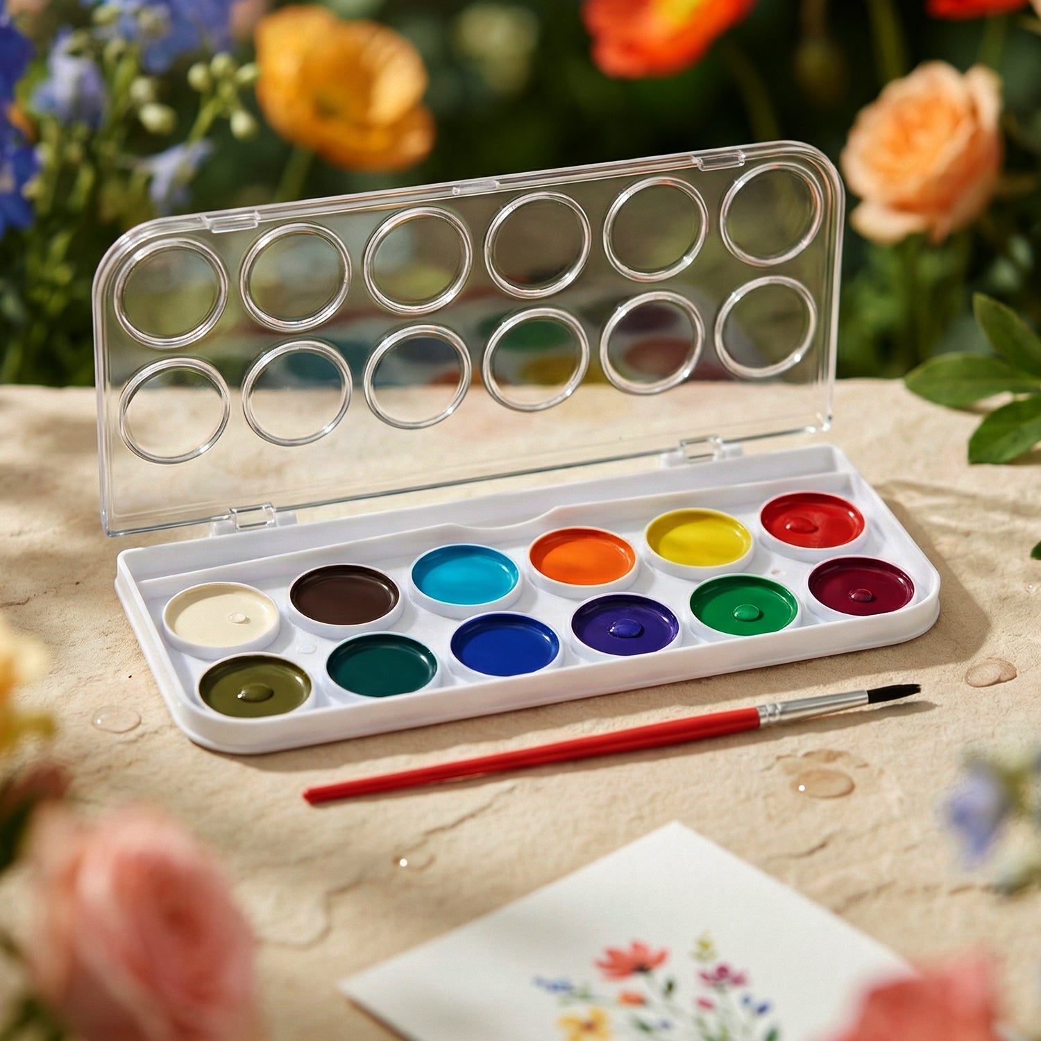Wukusy 12-shade compact watercolor paint set with vibrant colors and portable case for artists and hobbyists.