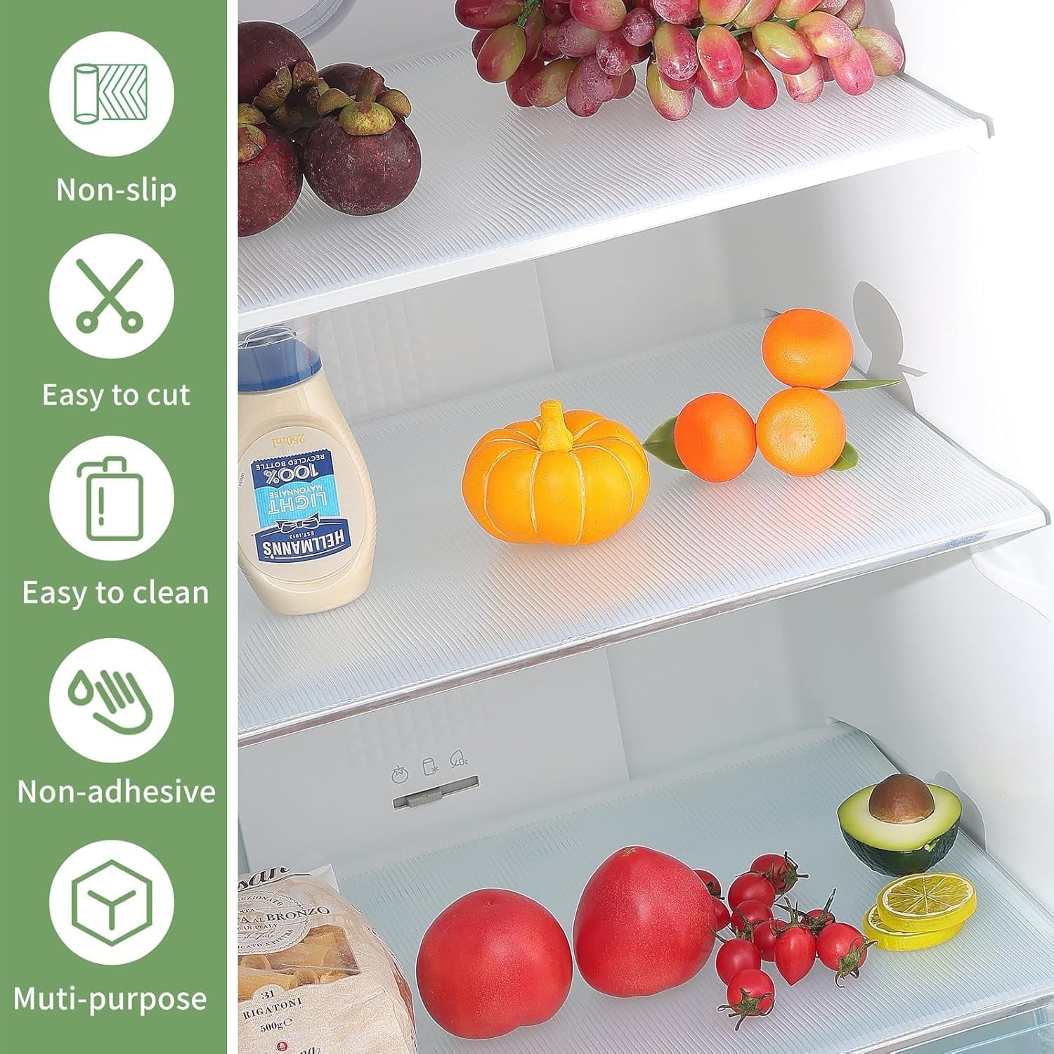 Clear plastic fridge mat from Wukusy, 45x29 cm, showing its transparent, flexible design ideal for protecting fridge shelves.