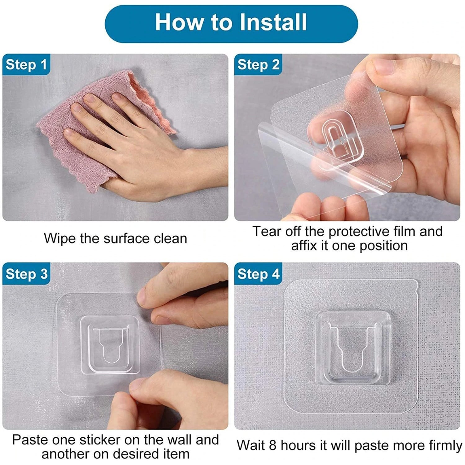 Wukusy 7433 transparent adhesive male hook for hanging items, shown attached to a wall, versatile home improvement tool.