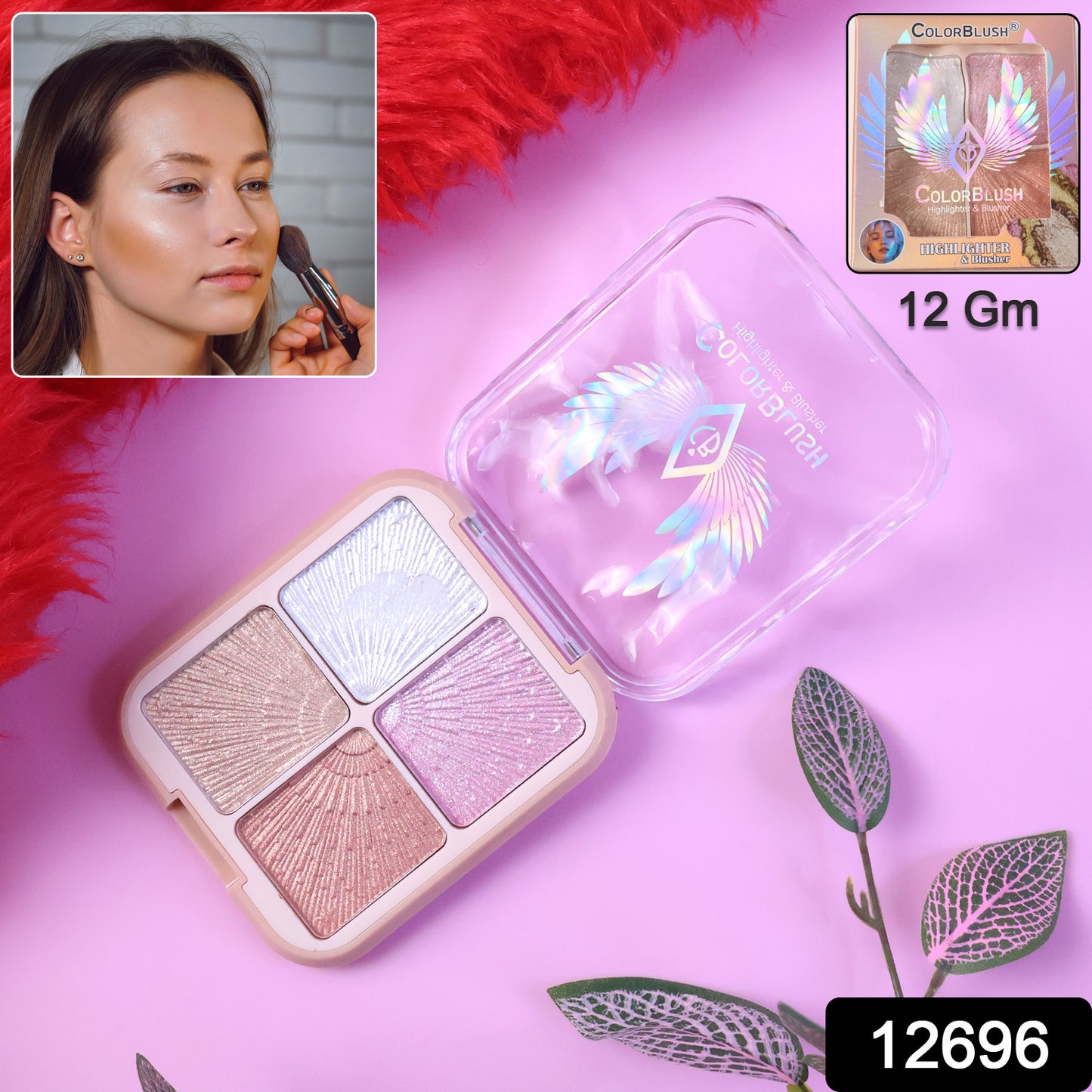 Wukusy 4-in-1 shimmer highlighter palette with four luminous shades in a 12g compact, ideal for illuminating cheekbones and brow bones.