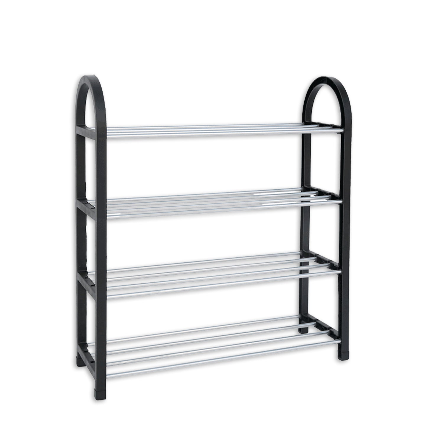 Wukusy 9106 four-shelf shoe rack with wooden shelves and metal frame, organized for footwear storage in entryway or closet.