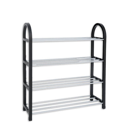 Wukusy 9106 four-shelf shoe rack with wooden shelves and metal frame, organized for footwear storage in entryway or closet.