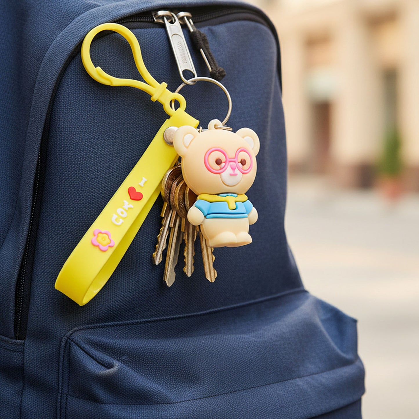 Cute cartoon bear silicone keychain by Wukusy, featuring a colorful bear design on a keyring.