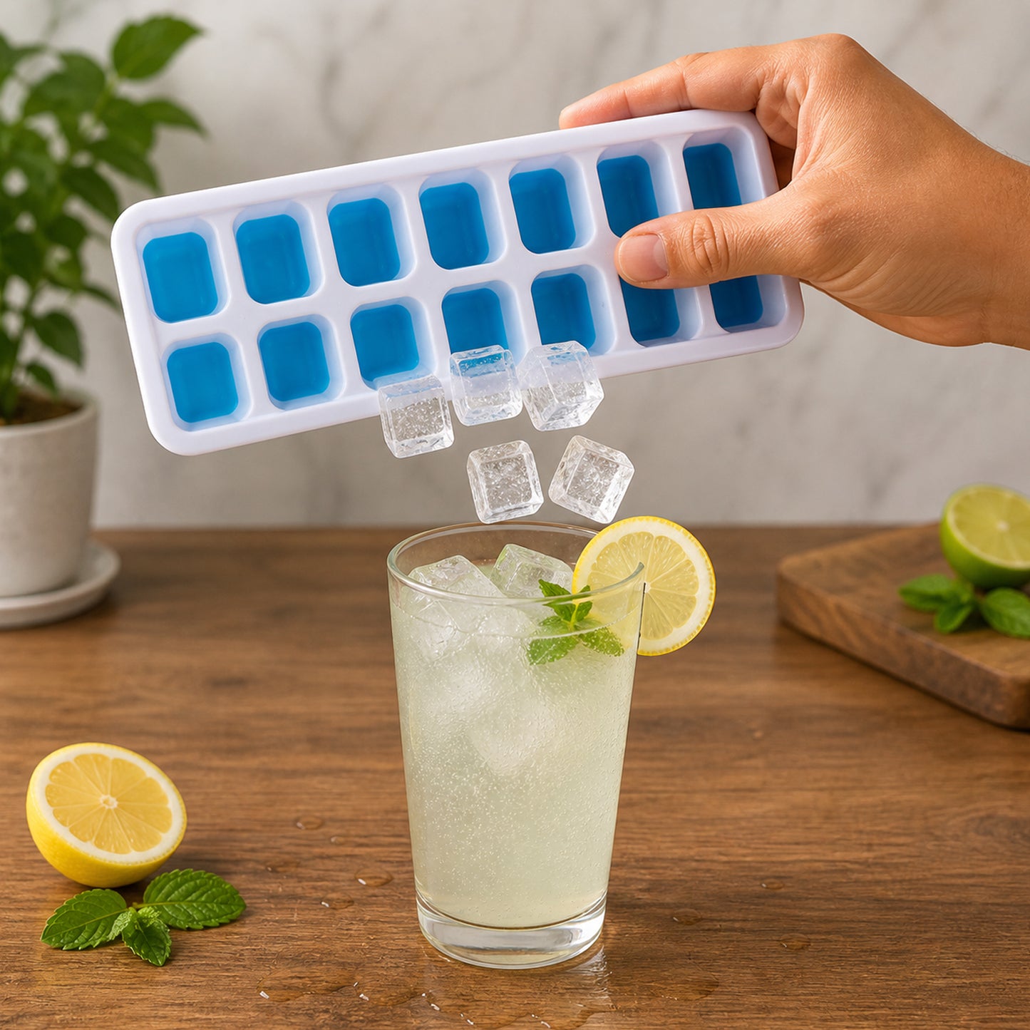 Wukusy multipurpose plastic ice cube tray with lid showing 14 ice molds and transparent lid for easy stacking and storage.